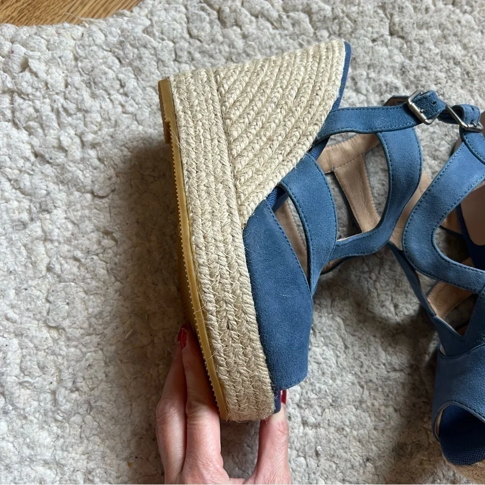 Kanna: Sky Blue Suede Espadrille Ankle Buckle Wedges NWOT Size 39